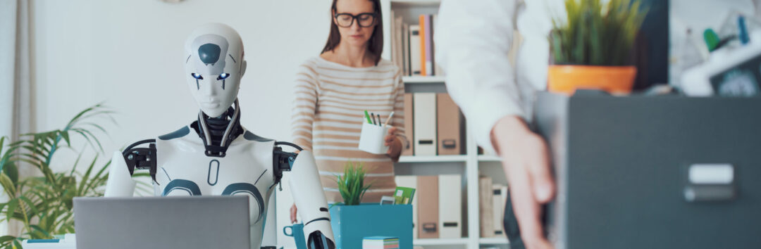 Dismissed business people packing their belongings and leaving the office, a robot is sitting at the desk and working: the impact of AI on jobs